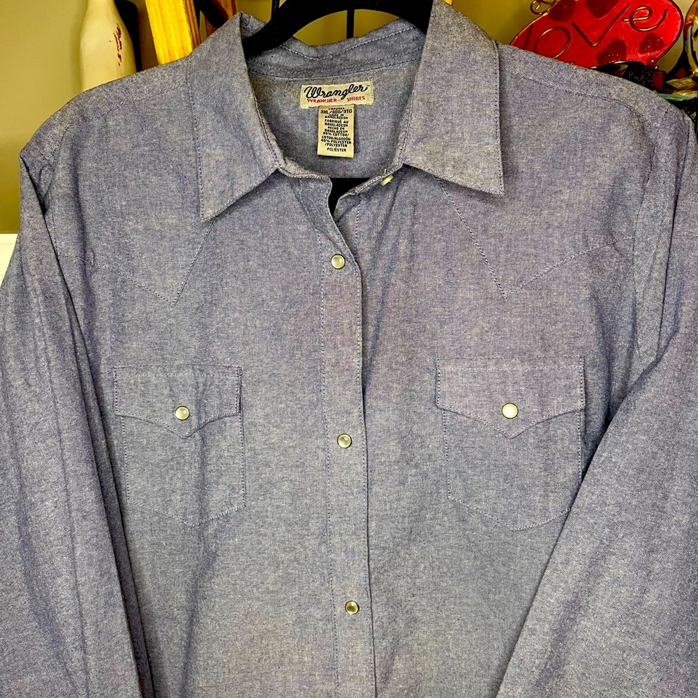 WRANGLER Vintage Unisex Wranching Pearl Snap Button Down Blue 3XL